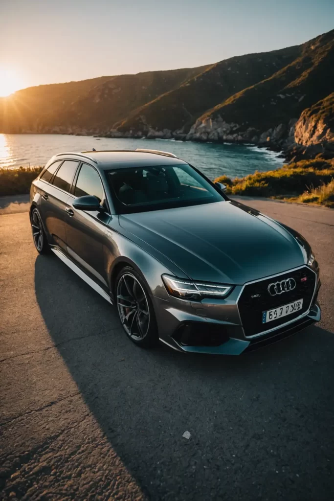 A gleaming Audi RS6 parked by the serene coast, with the golden hour sun casting a warm glow over its sleek body, sharp focus, high dynamic range.