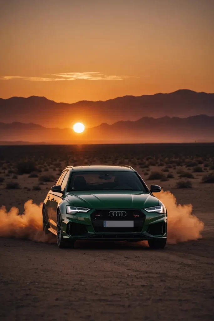 The silhouette of an Audi RS6 contrasted against the fiery backdrop of a desert sunset, creating an evocative and powerful image, epic composition, sharp focus.