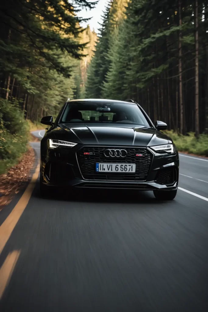 The Audi RS6 in motion, its glossy black paint contrasting with the blur of a forest-lined country road, motion blur, ambient lighting.