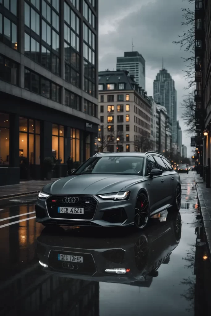 A matte grey Audi RS6 sits under the moody sky of a dynamic cityscape, the buildings reflecting in its pristine surfaces, dramatic lighting, 4K resolution.