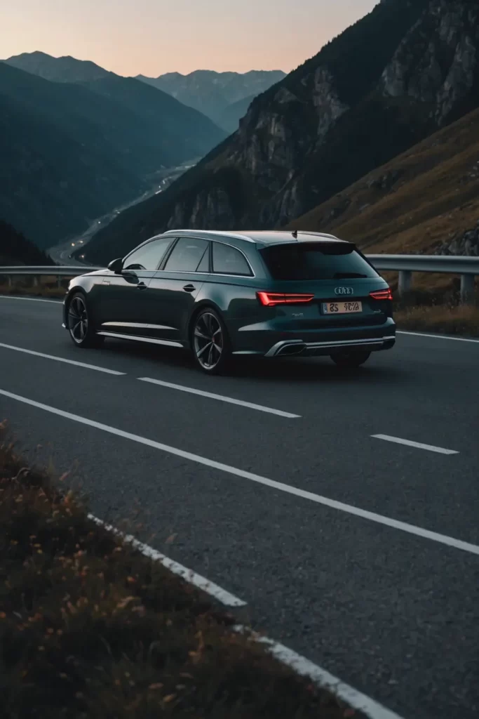 An Audi RS6 captured at twilight on an empty mountain pass, the last rays of the sun highlighting its aggressive lines, soft glow, surrealism.