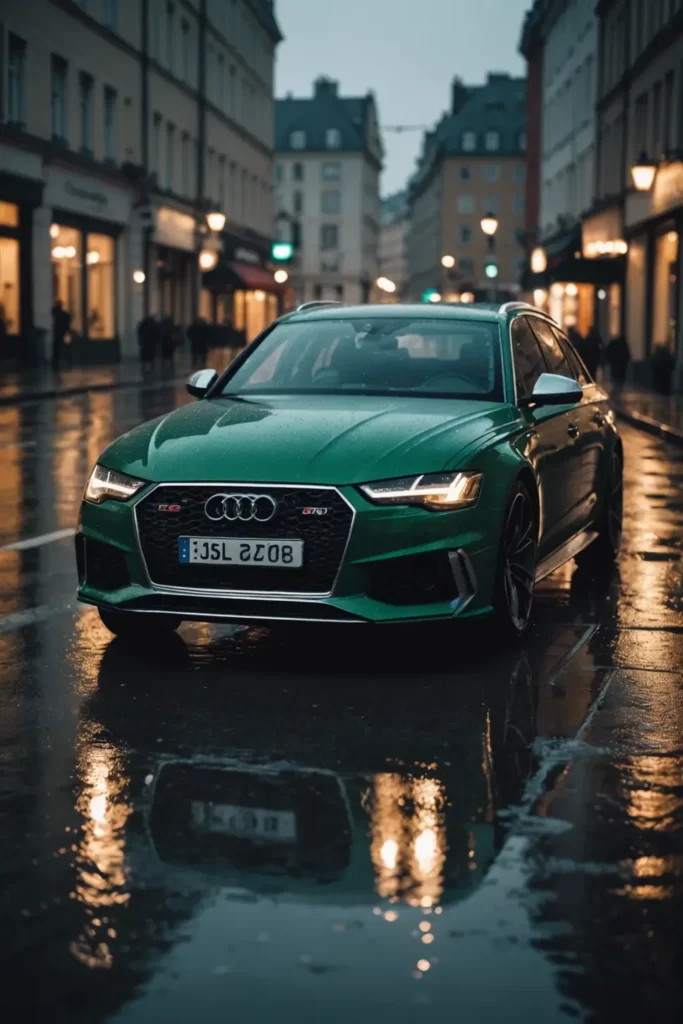 The powerful stance of an Audi RS6 on a rain-soaked street, city lights creating a bokeh effect around it, wet surface reflection, cinematic.