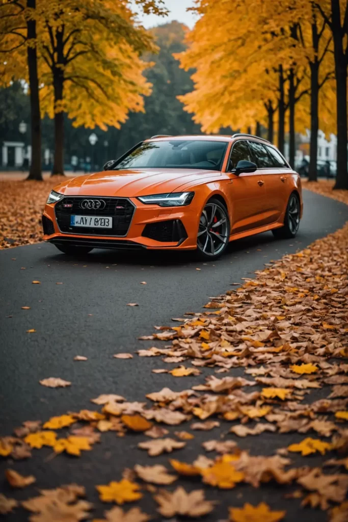 An Audi RS6, frozen in time against a backdrop of autumn leaves, showcasing a dance of warm colors on its sleek design, shallow depth of field, vibrant.