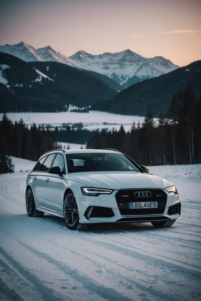 A white Audi RS6 nestled in a snowy landscape, its headlights piercing through the twilight haze, cold tones, crystal clear resolution.