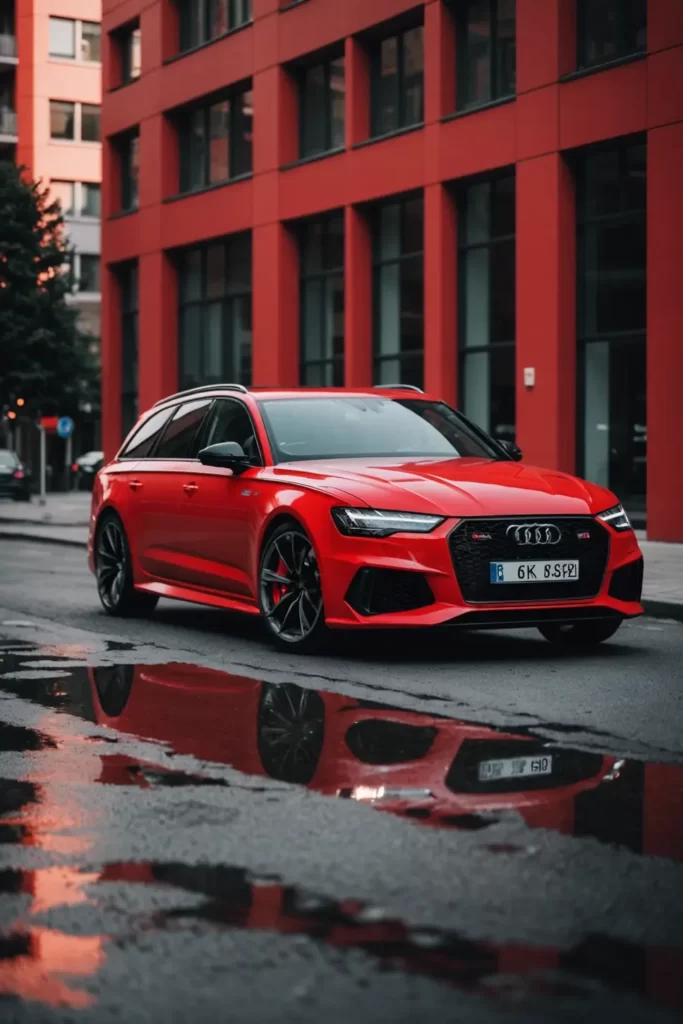 The Audi RS6 sits majestically in a modern architectural enclave, its red paint popping against the minimalist surroundings, bold colors, digital paint.