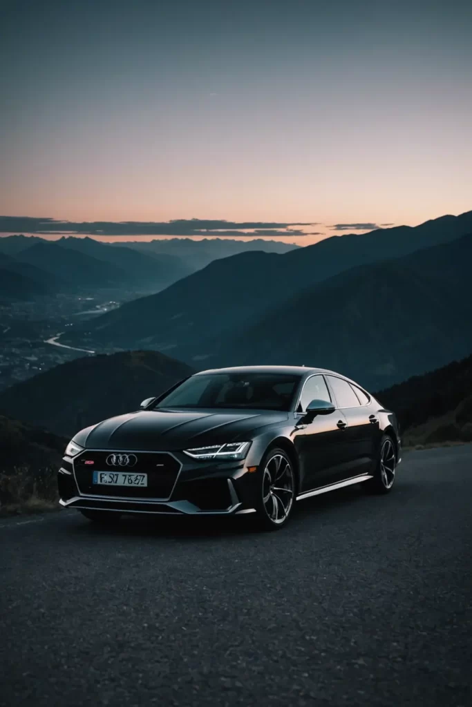 A sleek Audi RS7 parked at the edge of a serene mountain overlook at dusk, the car's sleek lines complemented by the fading light and the silhouette of distant peaks, sharp focus, ambient lighting, 4K resolution.