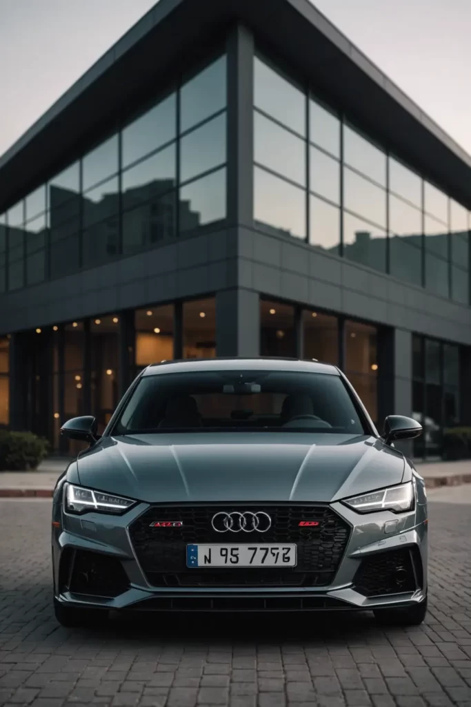 An Audi RS7 at the forefront of a modern architectural masterpiece, the symmetry of the structures enhancing the car’s bold stance, clean lines, matte finish, architectural photography.