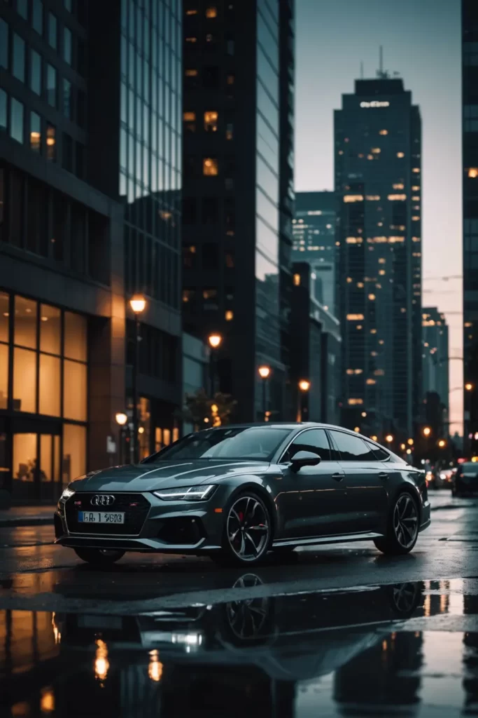 The powerful silhouette of the Audi RS7 seen against the dramatic backdrop of an urban skyline, the city's radiant lights reflecting off its polished surface, dynamic angle, high contrast, modern style.