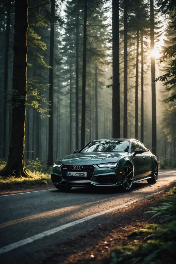 A glossy Audi RS7 elegantly perched on a misty forest road, illuminated by the soft morning sunlight filtering through the trees, natural color harmony, peaceful, high dynamic range imagery.