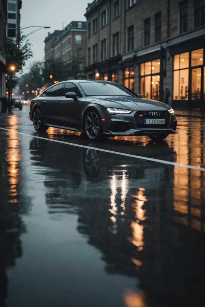 The Audi RS7 in motion, blurring past a rain-slicked street as streetlights cast a warm, hazy glow over its gunmetal gray finish, action shot, cinematic motion blur, realistic reflections.