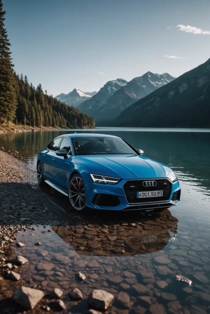 An Audi RS7 frozen in time beside a crystal-clear lake, the sharpness of the image capturing every ripple in the water and the precise detailing of the car's design, tranquil, ultra-high definition.