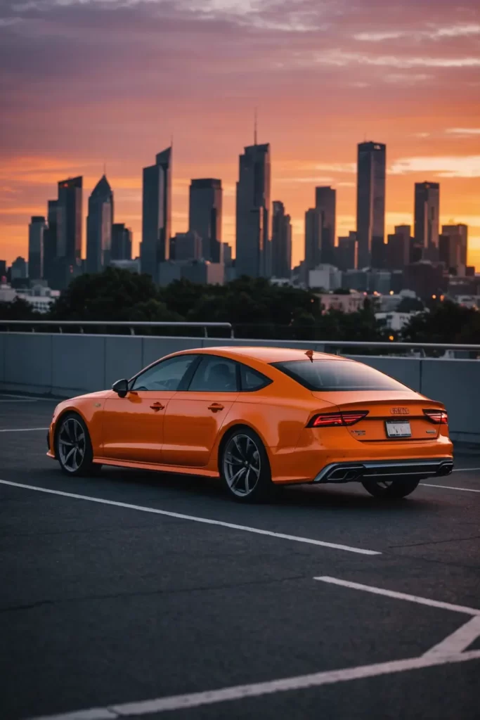 The cutting-edge Audi RS7 commands presence on the rooftop parking lot, skyscrapers looming high as the sunset paints the scene in a palette of fiery oranges and soft purples, dramatic atmosphere, epic composition.