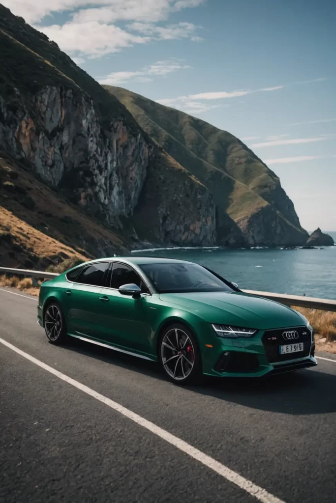 An Audi RS7 on a coastal road, its aerodynamic profile accentuated by the sweeping ocean views and the stark contrast of the cliffside, vibrant clarity, pure and natural lighting.
