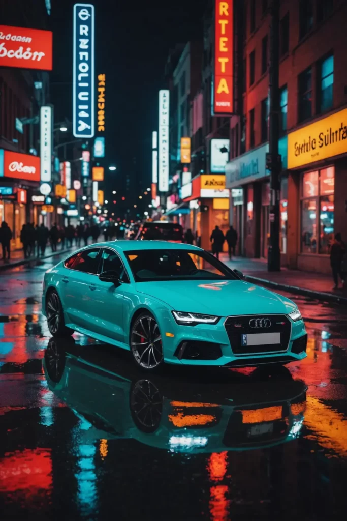 A solitary Audi RS7 glows under the vibrant neon signs of a bustling city's nightlife, the wet asphalt capturing its reflection amid the urban buzz, dynamic city life, vibrant color grading.
