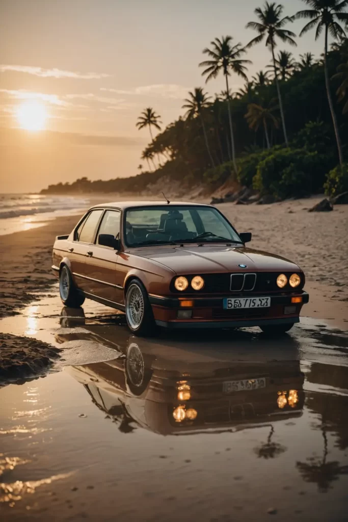 A pristine BMW E30 basks under the golden hour glow on a secluded beach, its silhouette reflecting off the wet sand, warm tones, cinematic.