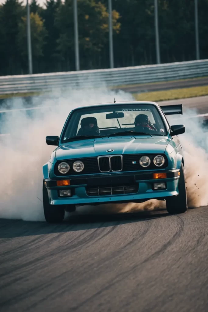A racing-striped BMW E30 frozen in time mid-drift on a racetrack, capturing the action, tire smoke adding drama, motion blur, action-packed, realistic texture.