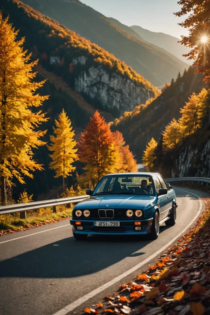 The BMW E30 races through a winding mountain road, surrounded by vibrant autumn leaves, dynamic angle, sunflare, high-resolution, real-time rendering.