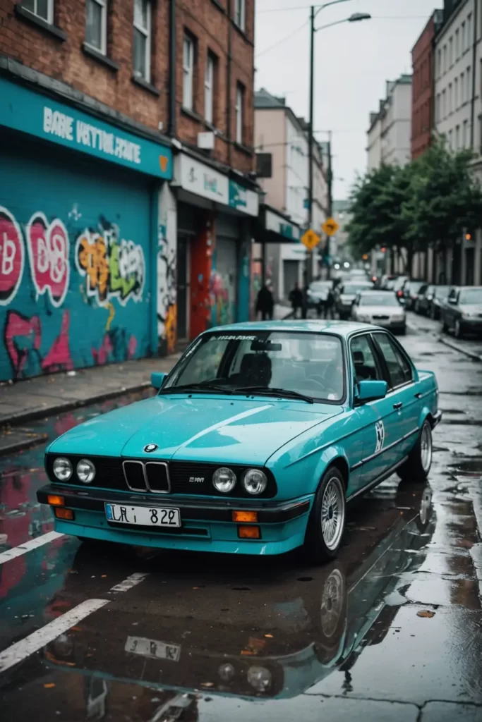 An aquamarine BMW E30 parked on a graffiti-splashed urban street, soft overcast lighting emphasizes its sharp lines, street-style, high contrast, 4k.