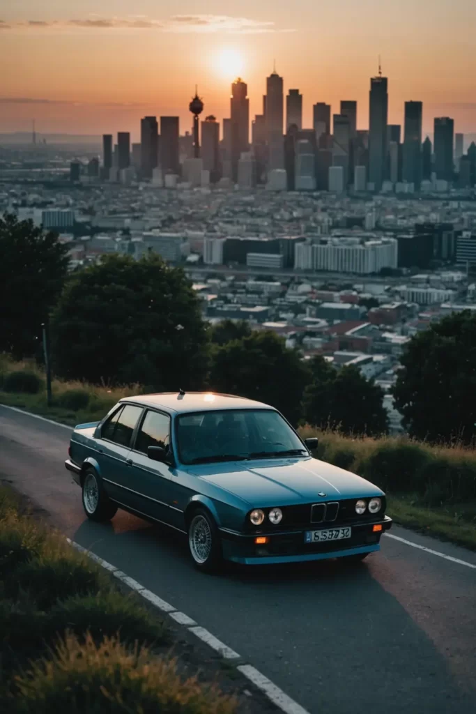 Sunset silhouette of a BMW E30 on a hill overlooking a city skyline, the car's details outlined by the fading light, panoramic shot, ambient lighting, epic composition.