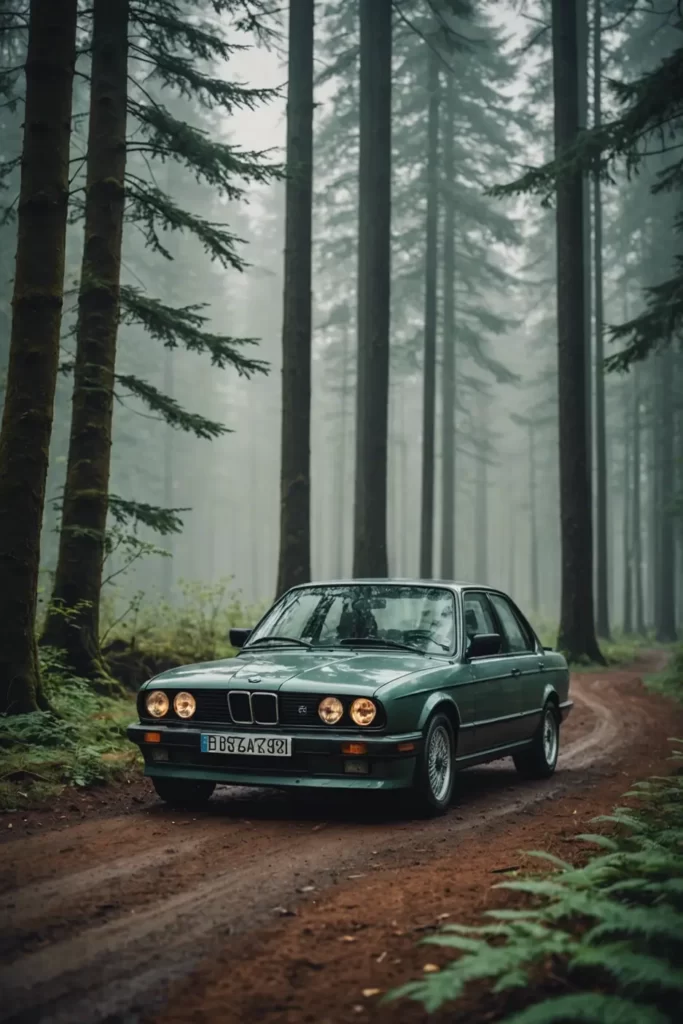 A vintage BMW E30 in a serene forest, morning mist wrapping around its classic form, nature's palette, tranquil, high dynamic range, matte finish.