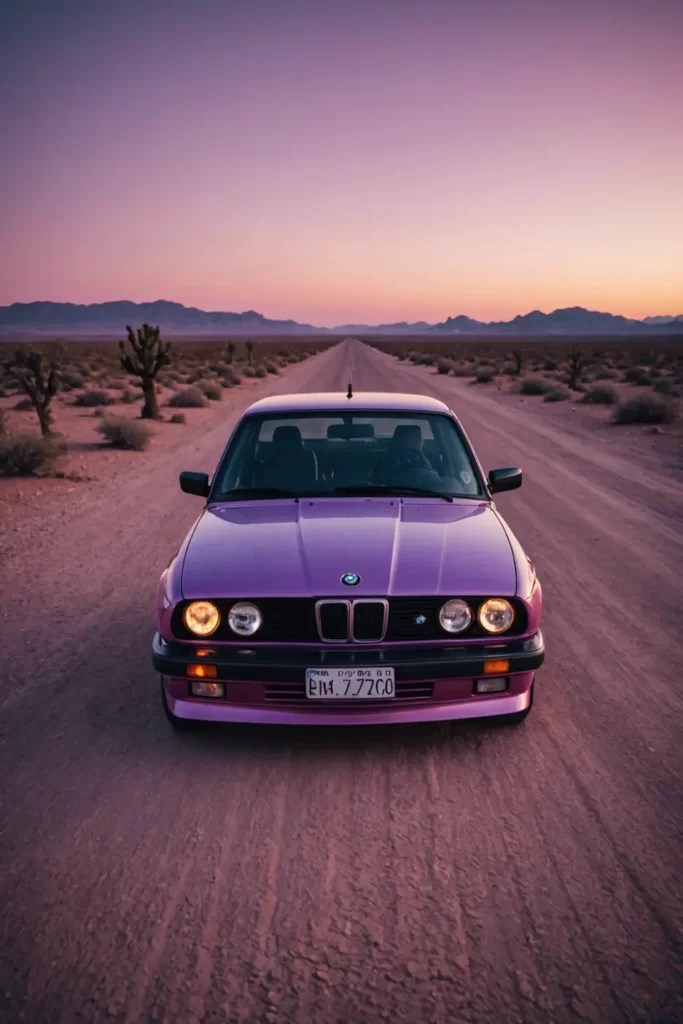 BMW E30 cruising on a desert road at dusk, the sky painted with shades of pink and purple, sense of adventure, wide angle, vivid colors, sharp focus.