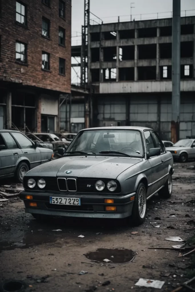 Monochromatic shot of a BMW E30 on an abandoned industrial site, textures and patterns giving it a post-apocalyptic vibe, grayscale, moody lighting, high detail.