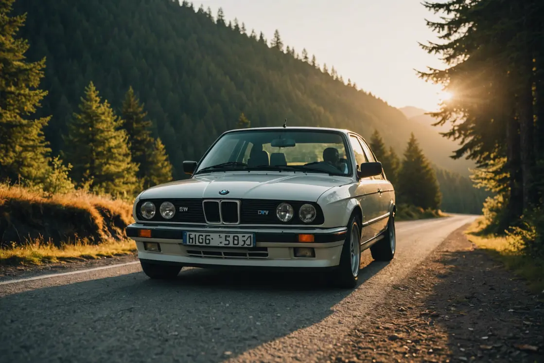 BMW E30 classique se prélassant dans la lumière dorée sur une route de montagne déserte, sa peinture blanche alpine brillante contrastant avec le vert profond de la forêt environnante.