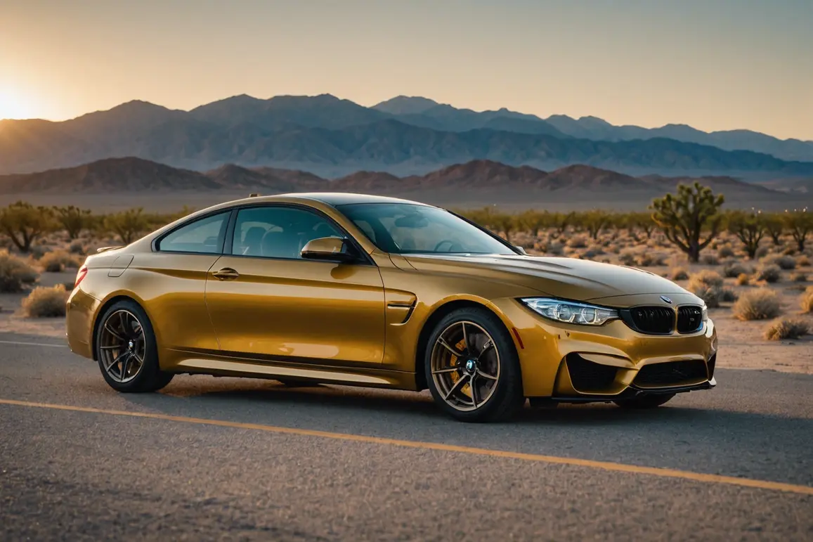 Une BMW M4 couleur bleu métallique est prête à prendre la route dans le désert de Mojave, sous un soleil doré qui illumine son corps en un bel éclat d'ambre.