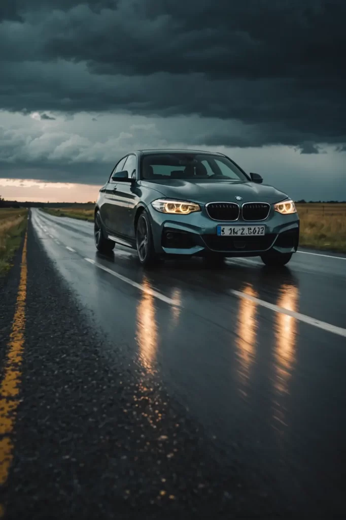 Stormy skies over a motionless BMW Serie 1 on an open highway, the stark drama of nature playing against the car's poised stance, moody lighting, high-impact visual.
