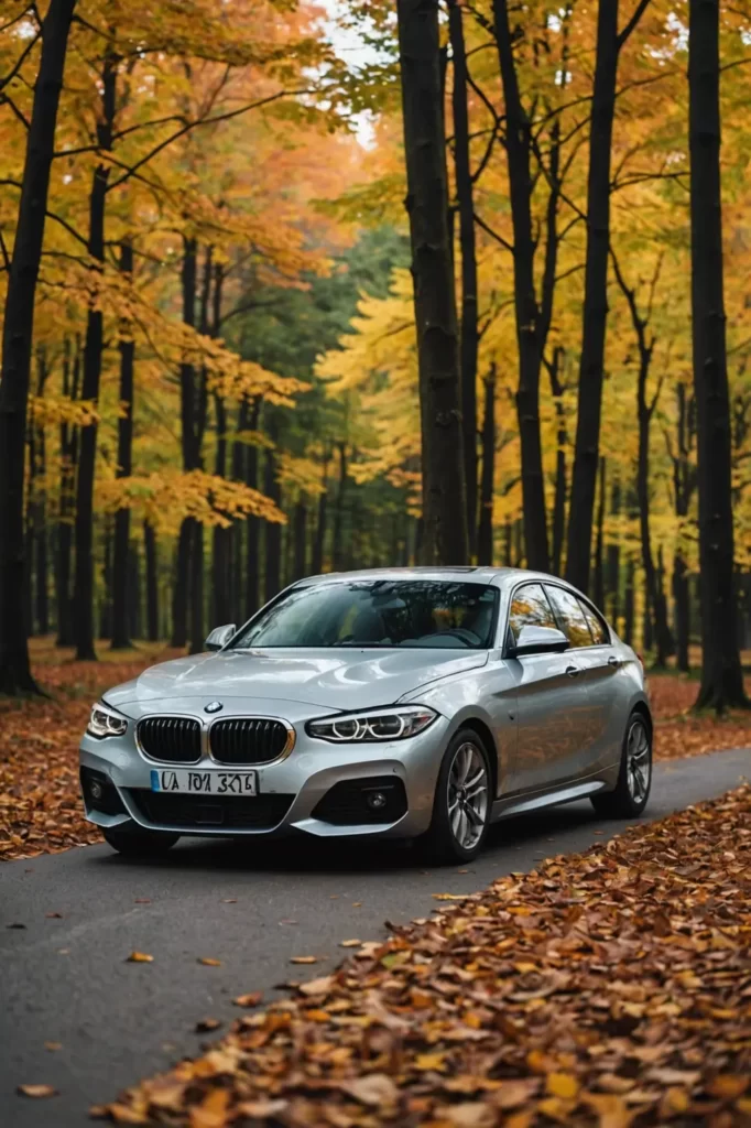 Silvery BMW Serie 1 parked amidst the vibrant colors of an autumn forest, crisp leaves framing the car, trending, high-detailed, natural light.