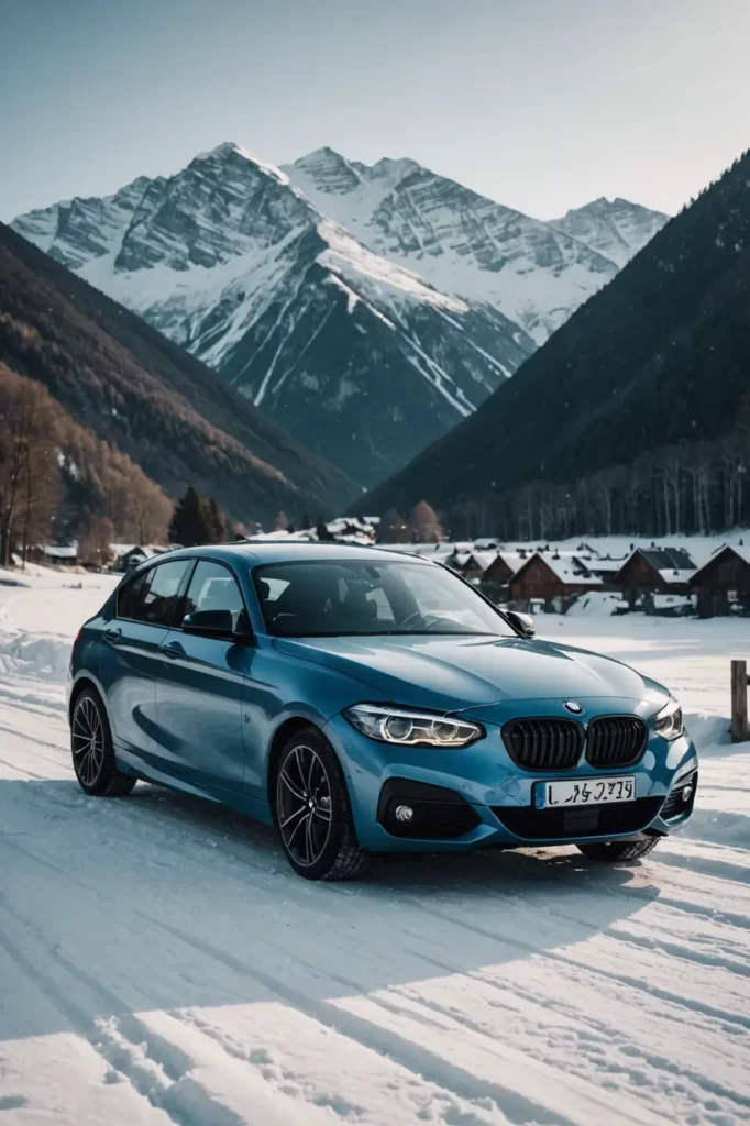 The sleek lines of a BMW Serie 1 highlighted against the stark contrast of a snow-covered mountain landscape, crisp winter light, highly-detailed, 4K resolution
