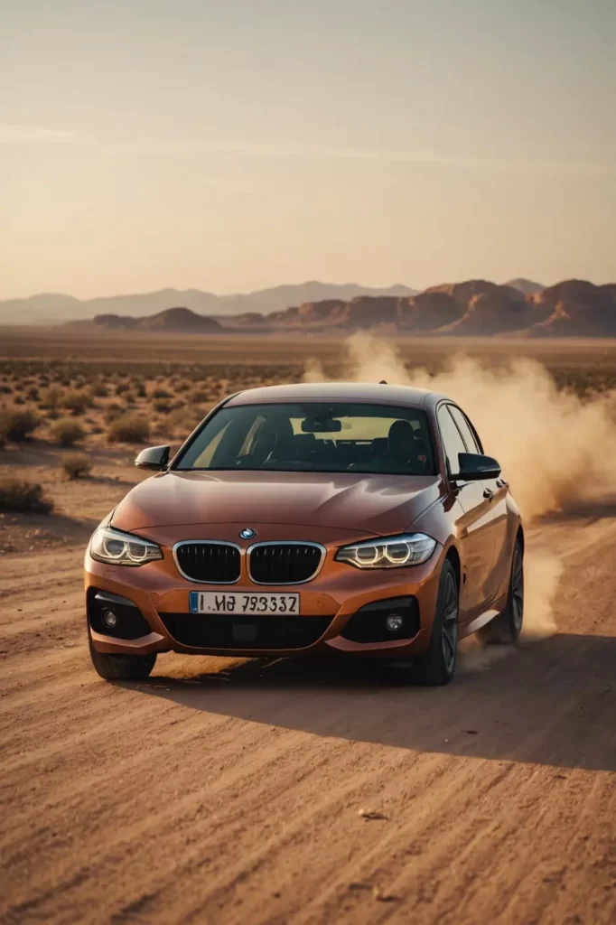 A lone BMW Serie 1 parked on an empty desert road, dust swirling in the warm sunset breeze, surreal isolation, warm color grading, high dynamic range