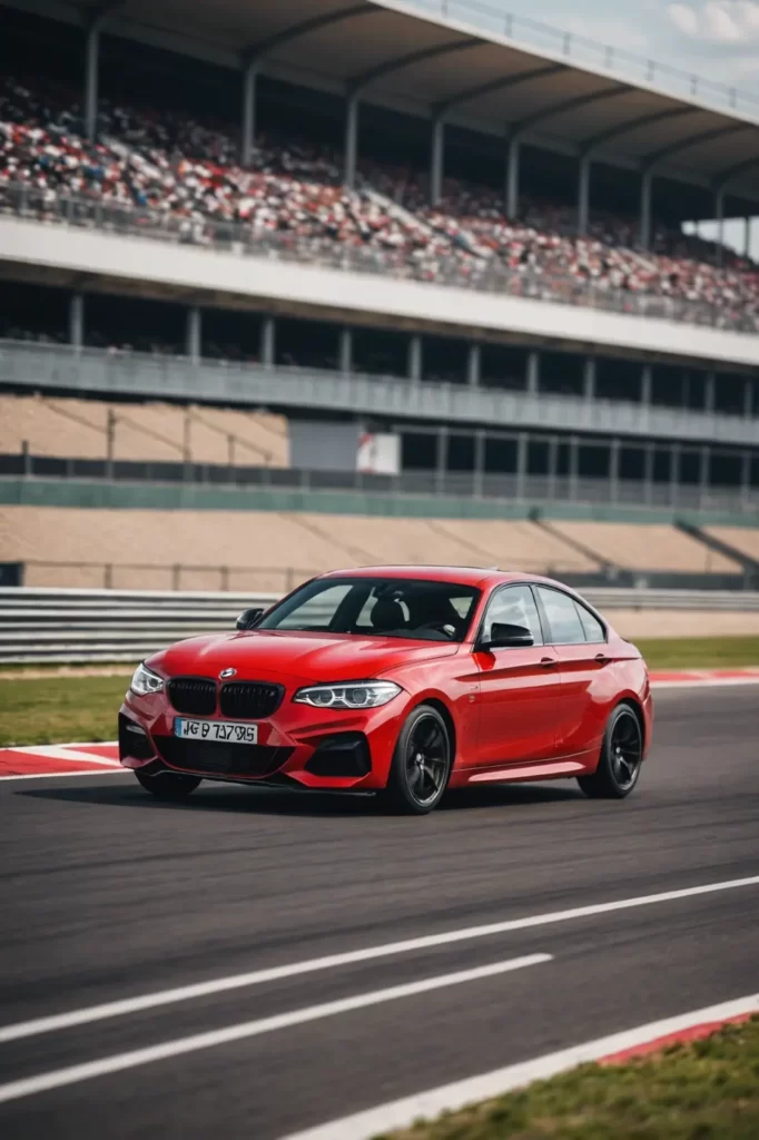 Glossy red BMW Serie 1 on an empty racetrack, speed and precision captured in motion blur, dynamic angle, adrenaline-fueled setting, high-resolution, epic composition.