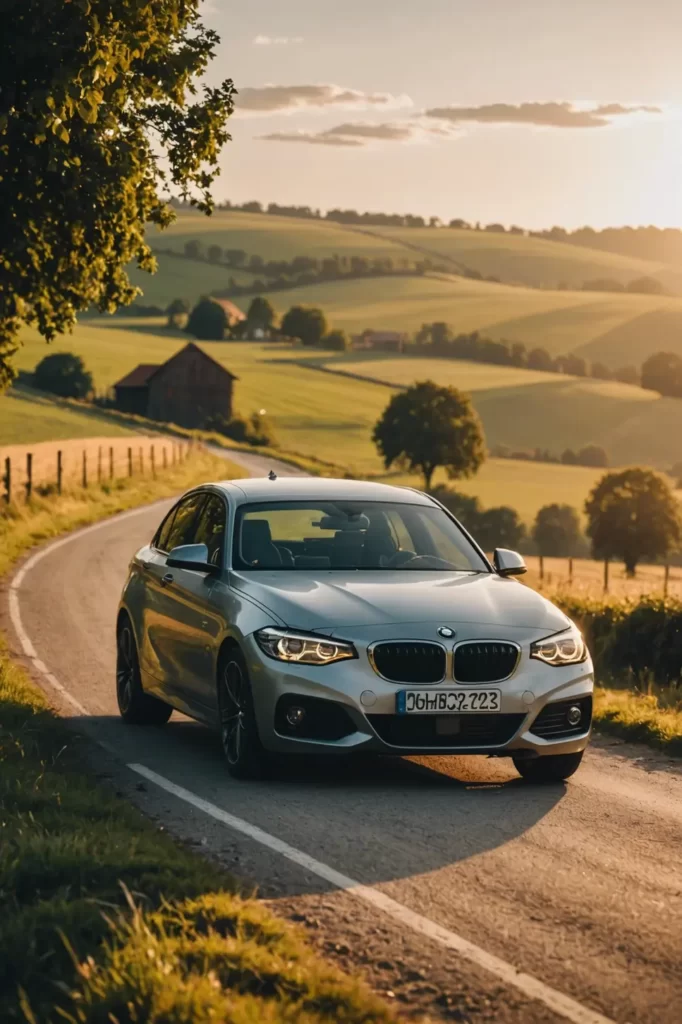 BMW Serie 1 making its way through a rustic countryside, rolling hills and a setting sun in the distance, warm tones, pastoral serenity, sharp focus.