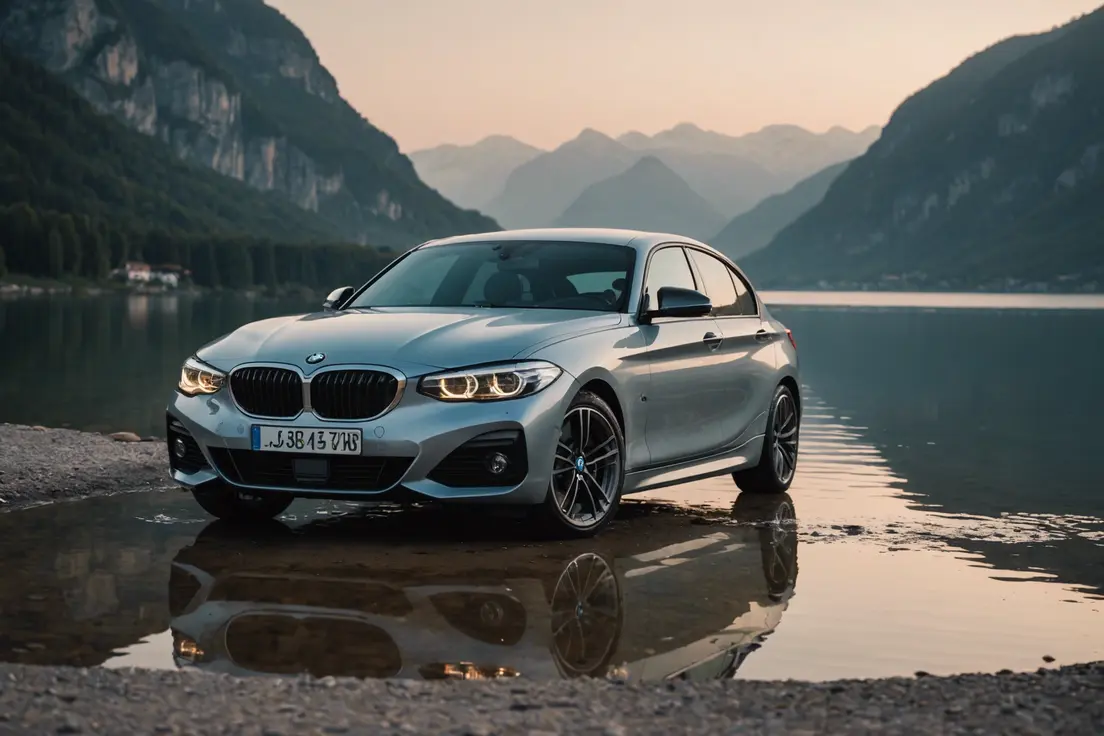 Une BMW Série 1 est garée au bord d'un lac paisible, sa silhouette élégante se reflétant dans les eaux tranquilles à l'heure dorée, avec en arrière-plan des montagnes brumeuses sous un ciel pastel.