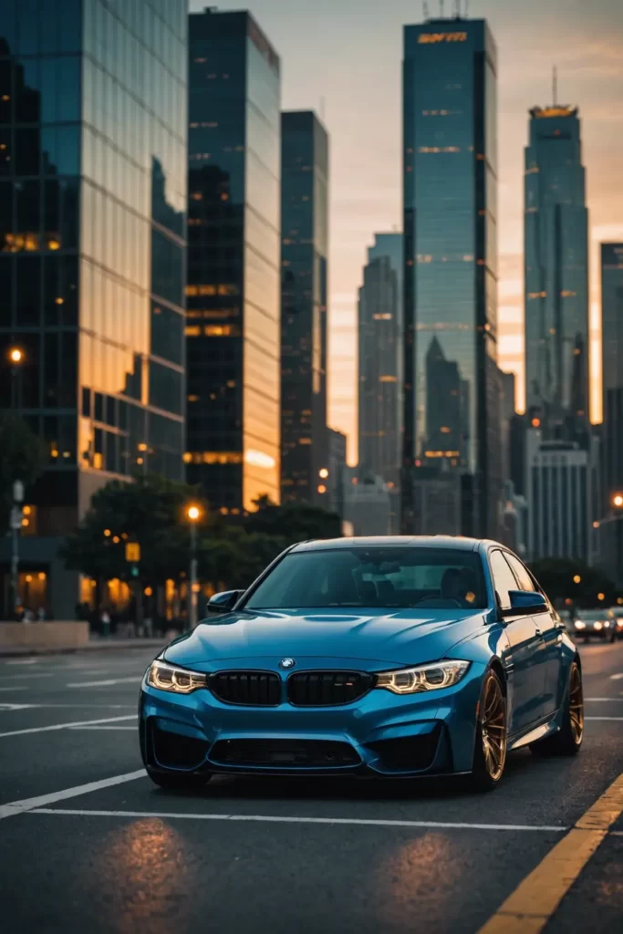 A sleek BMW M3 dominates the frame, its polished blue finish reflecting the golden hues of an urban sunset, set against a backdrop of towering skyscrapers, dramatic lighting, cinematic.