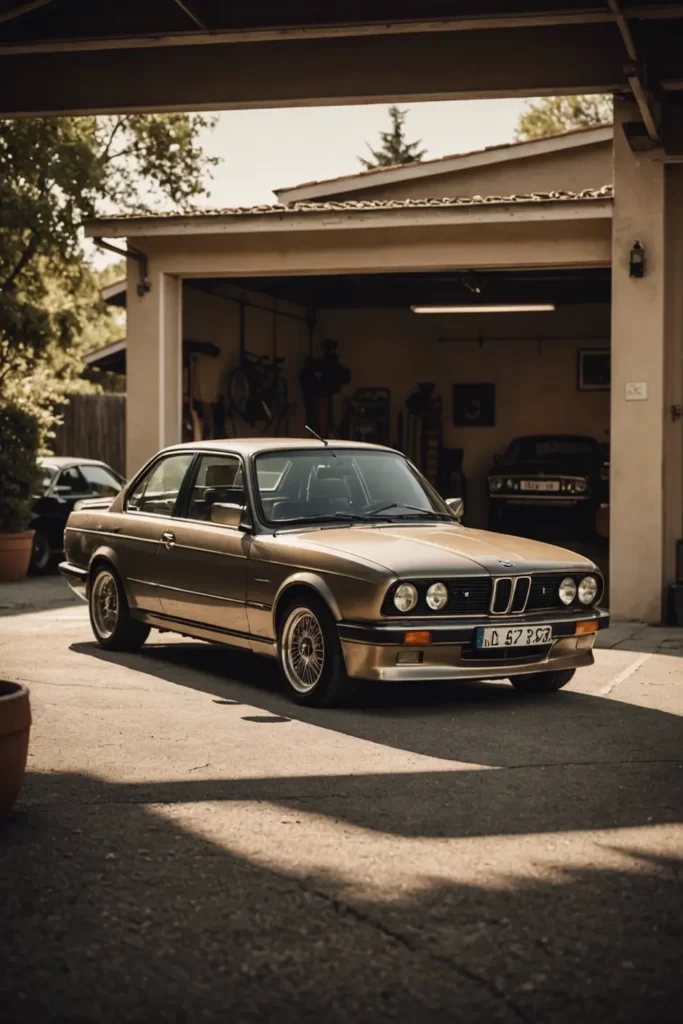 Echoing a vintage vibe, a nostalgic BMW M3 resides in a sun-soaked, sepia-toned garage, evoking timeless elegance, sepia filter, soft edges, picture of the day.