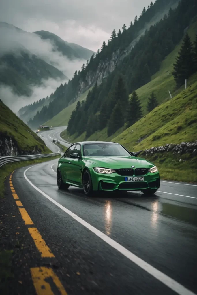 The BMW M3 in motion, gracefully navigating the serenity of a misty mountain pass, the verdant landscape blurring by, sharp focus, ambient lighting.