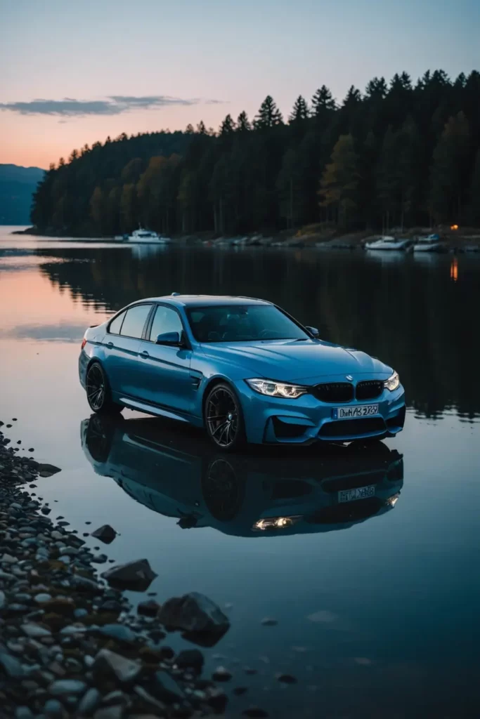 A high-resolution image capturing the BMW M3 parked by a tranquil lakeside, the calm waters mirroring its silhouette during the blue hour, serene, soft-focus background, 4k.