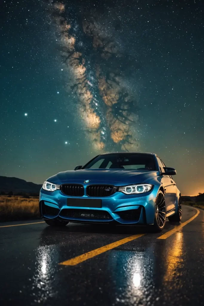 A dynamic angle shows the BMW M3 as the star under a blanket of stars, the vibrant Milky Way painting the night sky, astro-photography style, surrealism, ultra HD.