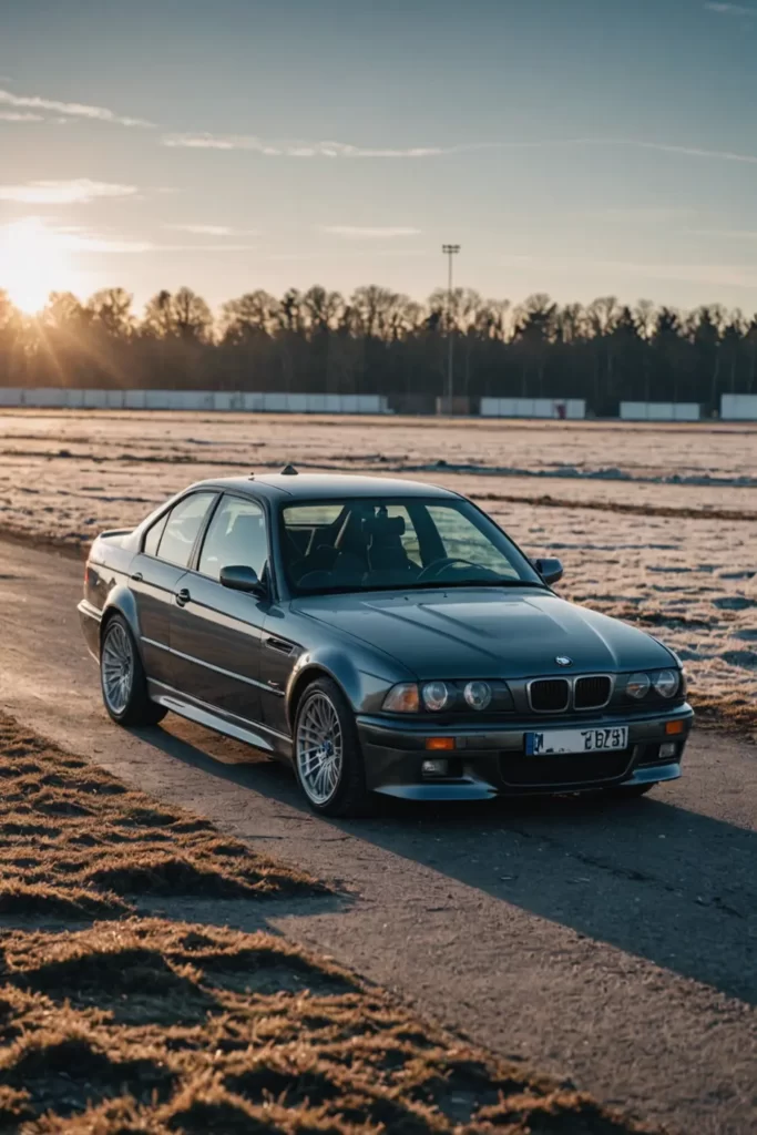 An elegantly muted BMW M3 on an abandoned airfield, with the sunrise spilling light across its frost-covered surfaces, high dynamic range, a touch of nostalgia.