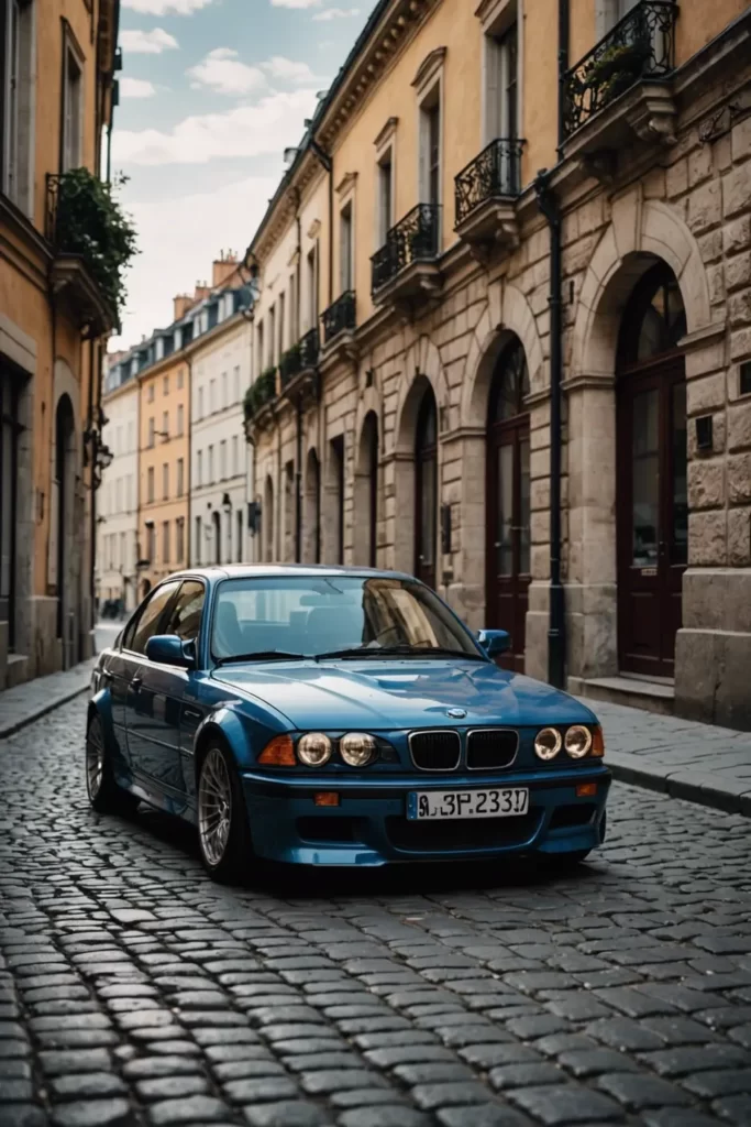 An immaculately detailed BMW M3 parked on an old cobblestone street in Europe, flanked by classic architecture and a splash of midday sunlight, high contrast, sharp details.