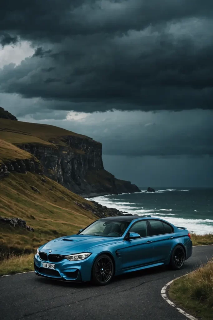 The BMW M3's silhouette stands boldly against a tempestuous sky on a clifftop, the imminent storm enhancing the vehicle’s form, dramatic natural lighting, moody tones.