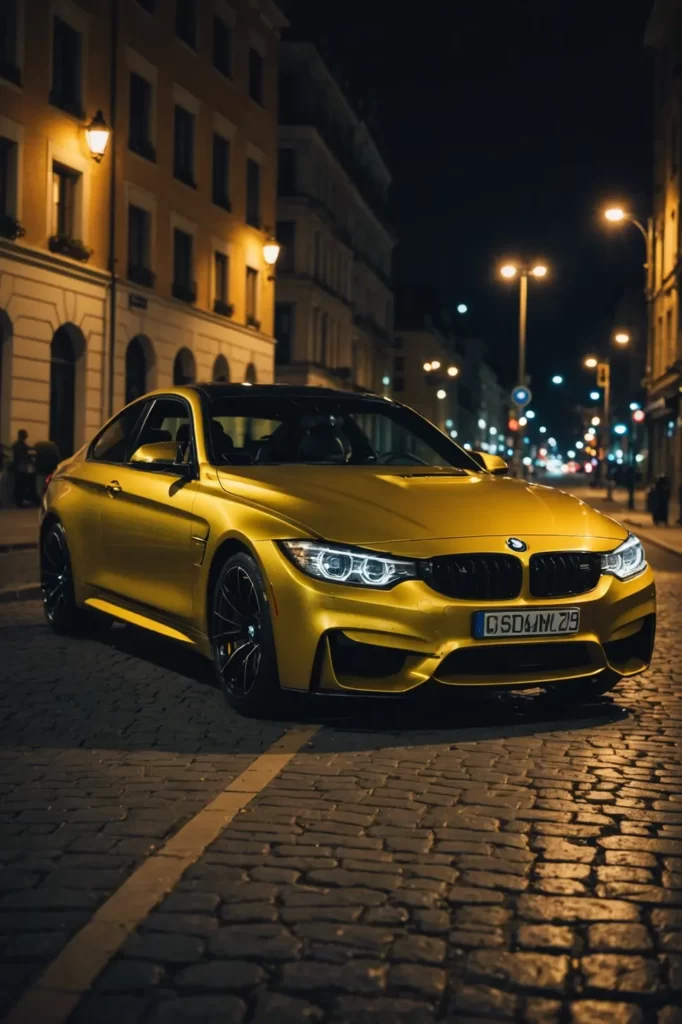 A BMW M4 glimmers under the city's night lights, parked by a lone streetlamp casting a soft glow on its sleek silhouette, 4K resolution, dramatic lighting.
