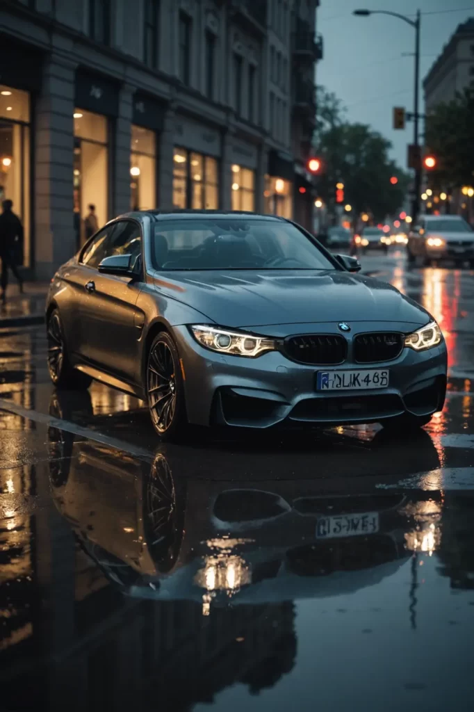 A graphite BMW M4 reflected on the wet streets of a downtown boulevard at twilight, moody ambiance, puddle reflections, soft glares and bokeh effects.