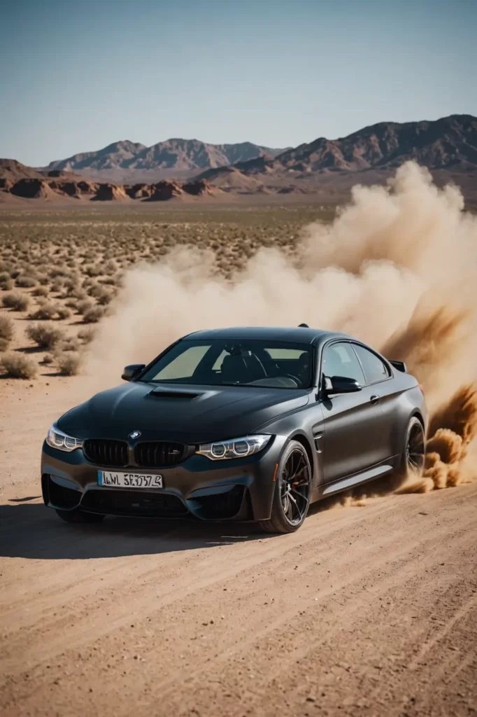 A matte black BMW M4 dominates the foreground with a dust trail on a desert highway, capturing the essence of freedom, sharp focus, epic composition.