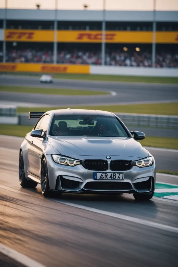 A silver BMW M4 frozen in time against the blur of a racing track’s grandstand, speed personified, panning photography technique, vibrant colors.