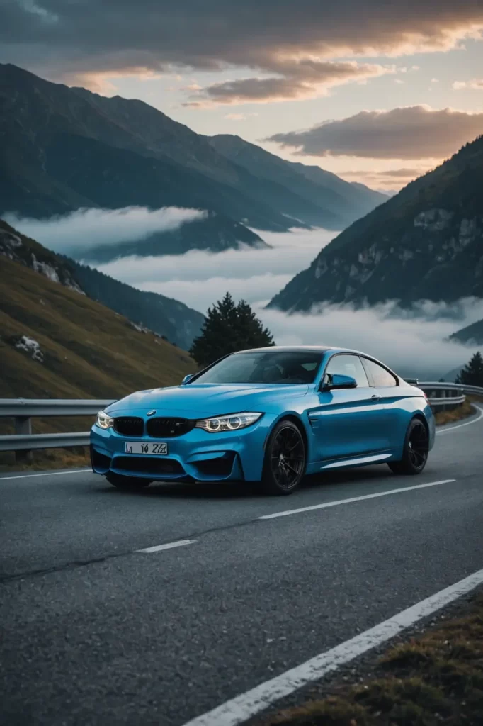 An azure blue BMW M4 perched atop a misty mountain pass at dawn, surrounded by whispers of clouds, panoramic shot, natural soft lighting.