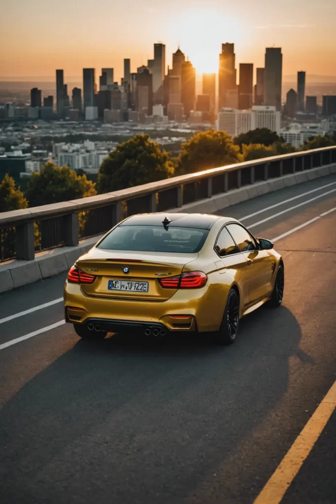 The sleek lines of a BMW M4 captured in the golden hour light, overlooking a cityscape from a scenic overlook, warm tones, perfect golden ratio composition.