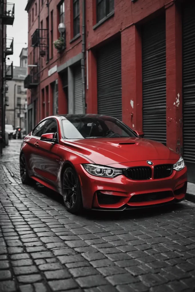 A BMW M4’s crimson paint job stands out amidst a monochromatic urban alley, a pop of color in the grayness, selective saturation, high contrast.
